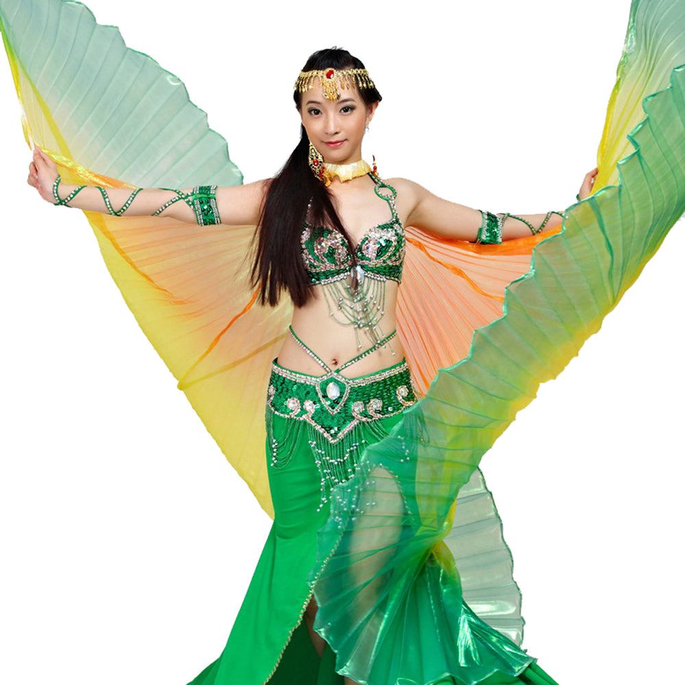 Nouveautés Costume de danse du ventre pour femme, ailes d'Isis, ailes de danse tricolores, ailes d'ange pour spectacle de carnaval d'Halloween avec bâtons