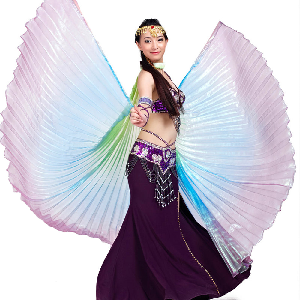 Nouveautés Costume de danse du ventre pour femme, ailes d'Isis, ailes de danse tricolores, ailes d'ange pour spectacle de carnaval d'Halloween avec bâtons