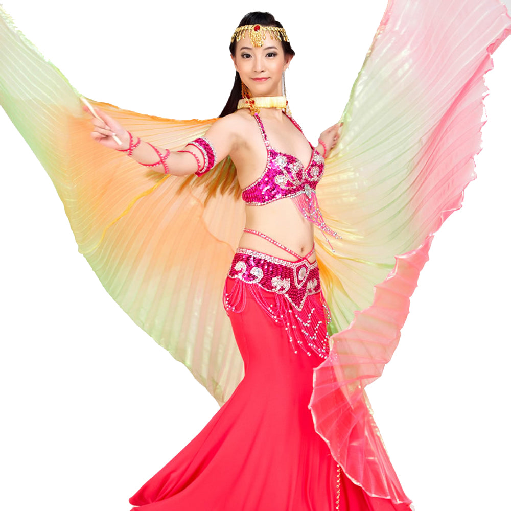 Nouveautés Costume de danse du ventre pour femme, ailes d'Isis, ailes de danse tricolores, ailes d'ange pour spectacle de carnaval d'Halloween avec bâtons