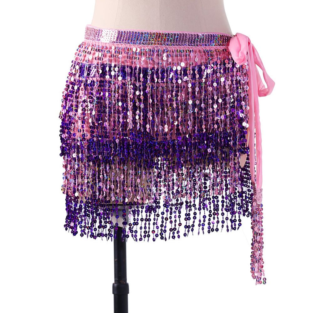 New Arrivals Sequined Fringed 4-Layers Drawstring Closure Belly Dance Waist Chain Skirt Hip Scarf Latin Skirt