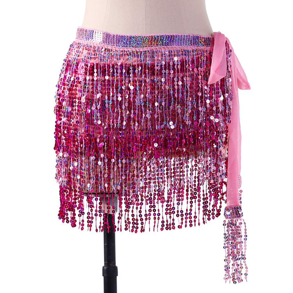 New Arrivals Sequined Fringed 4-Layers Drawstring Closure Belly Dance Waist Chain Skirt Hip Scarf Latin Skirt