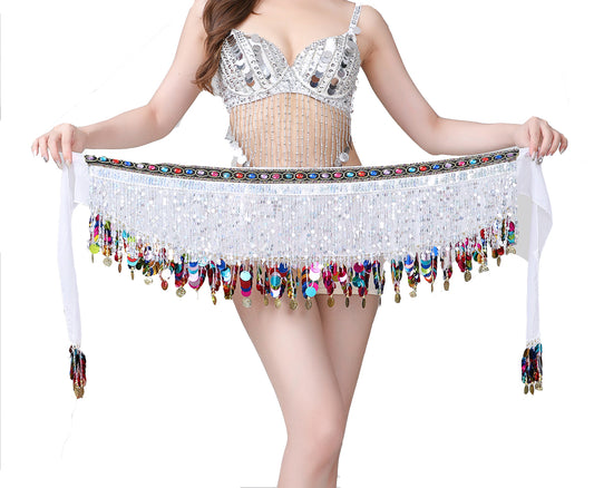 New Arrivals Sequined Chiffon Tassel Belly Dance Waist Chain with Colored Rhinestones Skirt Hip Scarf Latin Skirt