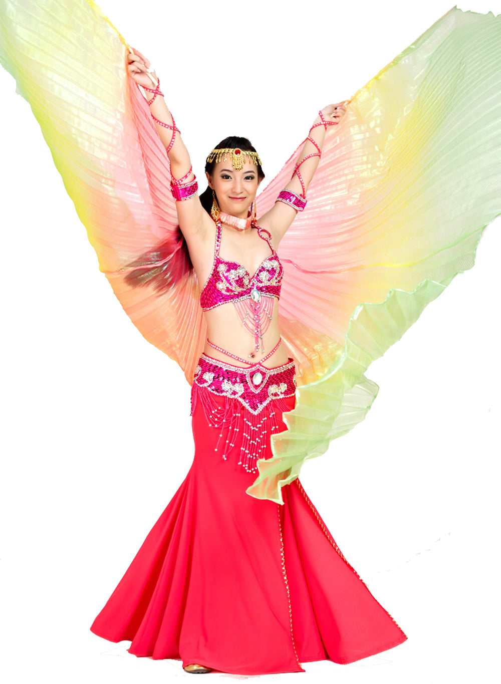 Nouveautés Costume de danse du ventre pour femme, ailes d'Isis, ailes de danse tricolores, ailes d'ange pour spectacle de carnaval d'Halloween avec bâtons