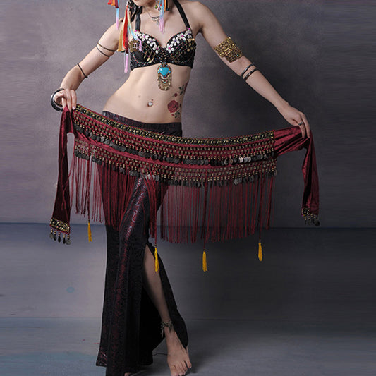 New Arrivals Women's Belly Dance Tribal Hip Scarf with Fringe Coins Flannel