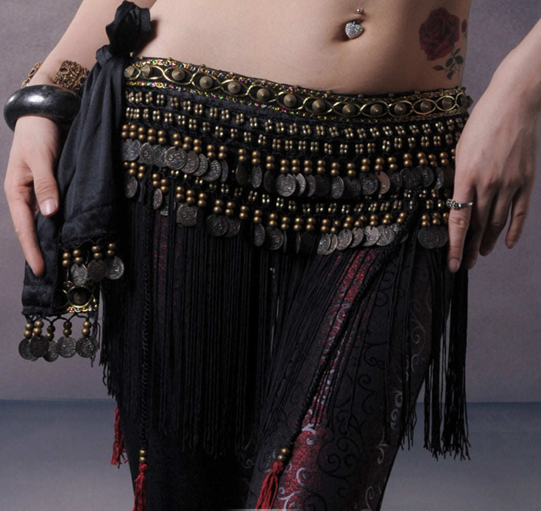 New Arrivals Women's Belly Dance Tribal Hip Scarf with Fringe Coins Flannel