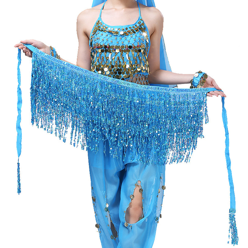 New Arrivals Sequined Fringed 4-Layers Drawstring Closure Belly Dance Waist Chain Skirt Hip Scarf Latin Skirt