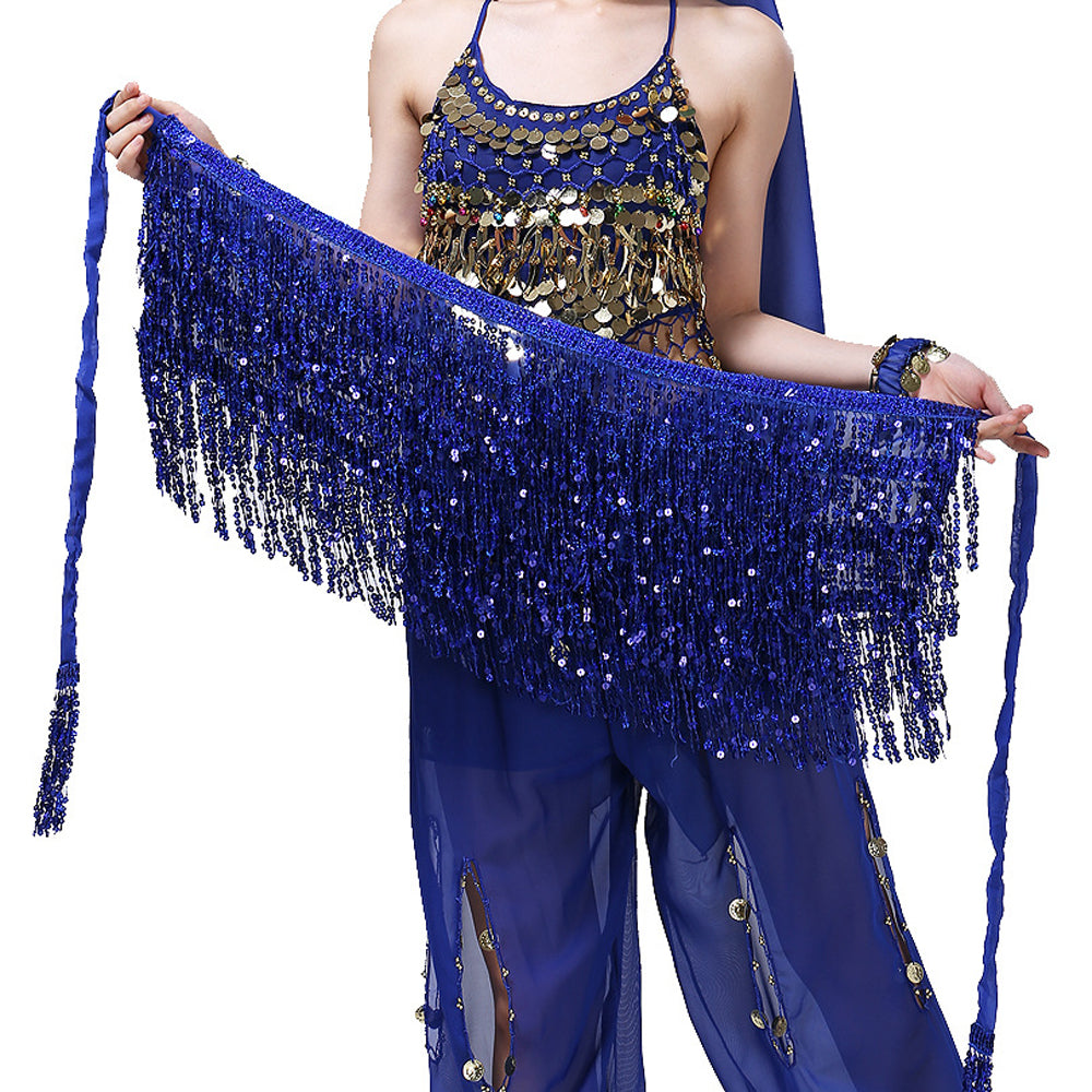 New Arrivals Sequined Fringed 4-Layers Drawstring Closure Belly Dance Waist Chain Skirt Hip Scarf Latin Skirt