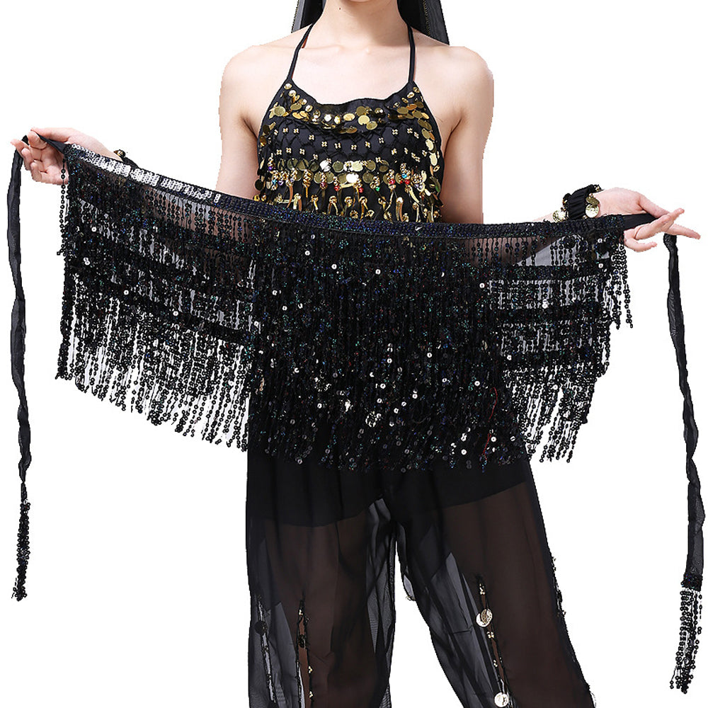 New Arrivals Sequined Fringed 4-Layers Drawstring Closure Belly Dance Waist Chain Skirt Hip Scarf Latin Skirt