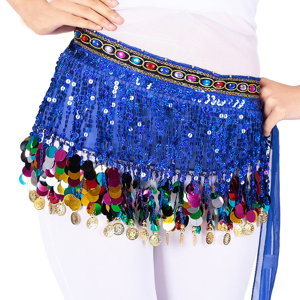 New Arrivals Sequined Chiffon Tassel Belly Dance Waist Chain with Colored Rhinestones Skirt Hip Scarf Latin Skirt