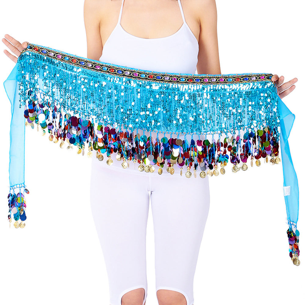 New Arrivals Sequined Chiffon Tassel Belly Dance Waist Chain with Colored Rhinestones Skirt Hip Scarf Latin Skirt