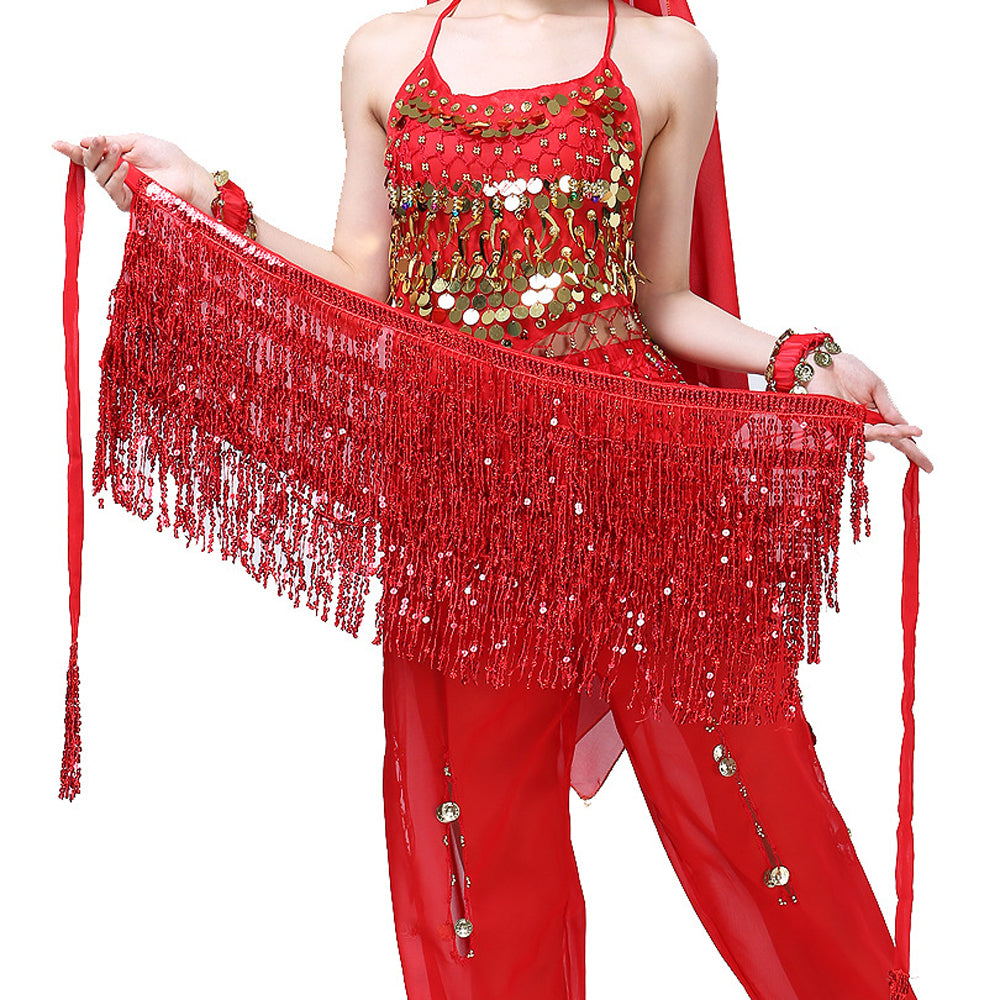 New Arrivals Sequined Fringed 4-Layers Drawstring Closure Belly Dance Waist Chain Skirt Hip Scarf Latin Skirt