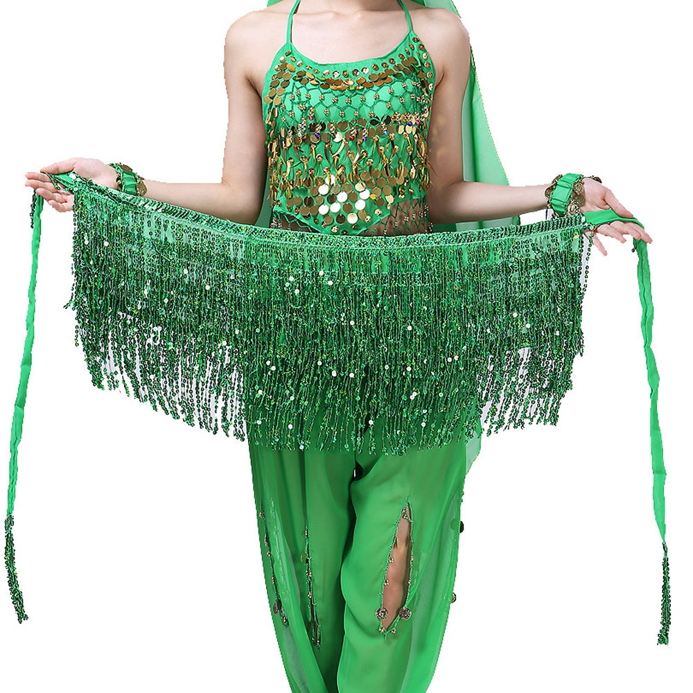 New Arrivals Sequined Fringed 4-Layers Drawstring Closure Belly Dance Waist Chain Skirt Hip Scarf Latin Skirt