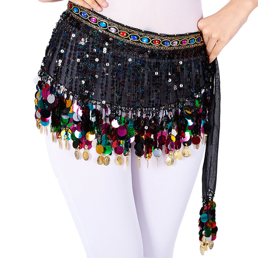 Nouveautés paillettes en mousseline de soie gland danse du ventre chaîne de taille avec strass colorés jupe hanche écharpe jupe latine