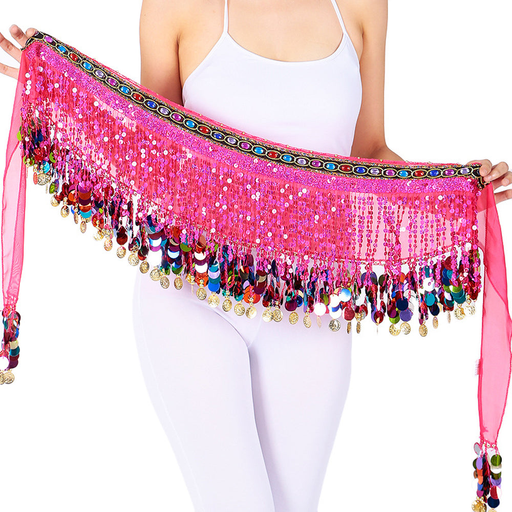 Nouveautés paillettes en mousseline de soie gland danse du ventre chaîne de taille avec strass colorés jupe hanche écharpe jupe latine