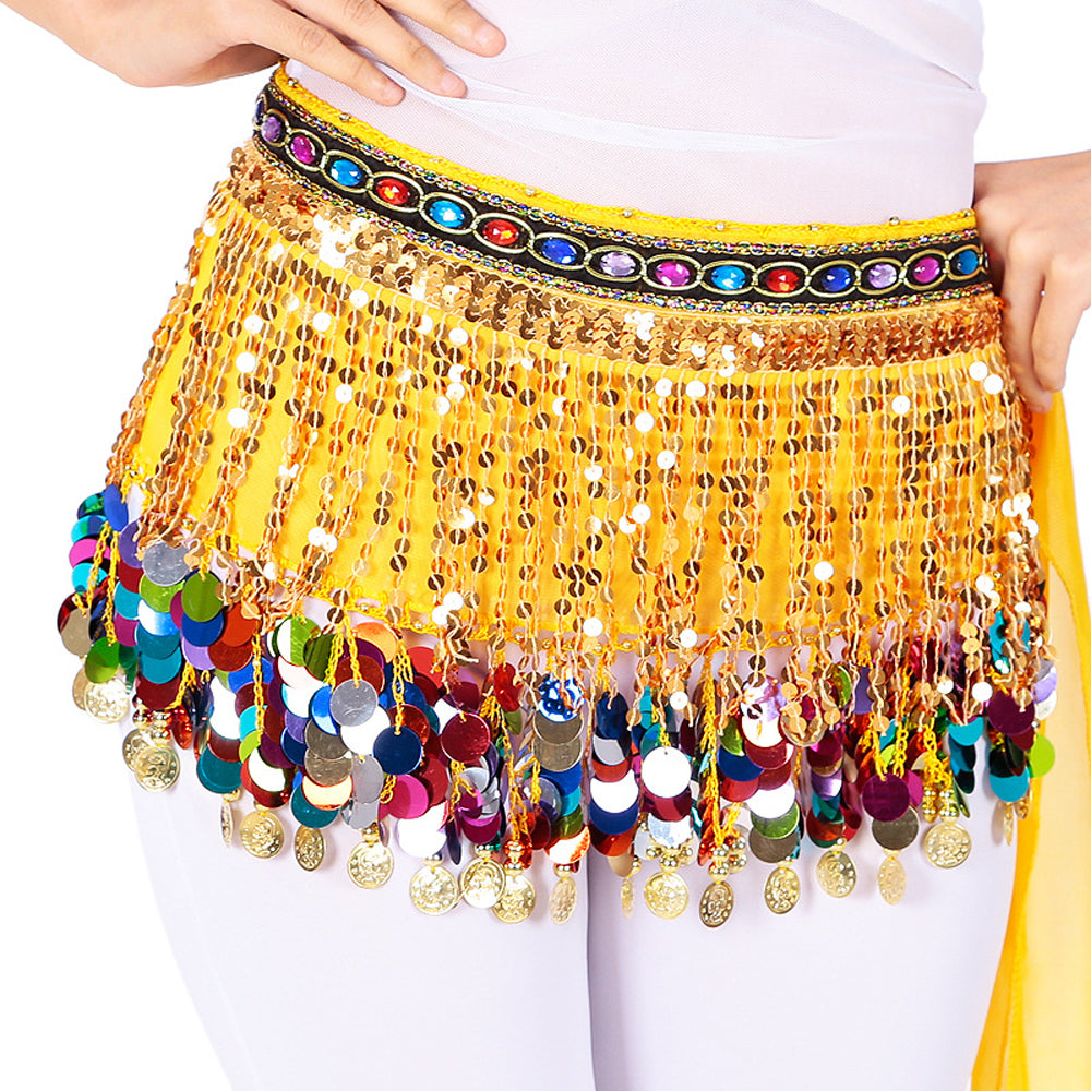 New Arrivals Sequined Chiffon Tassel Belly Dance Waist Chain with Colored Rhinestones Skirt Hip Scarf Latin Skirt