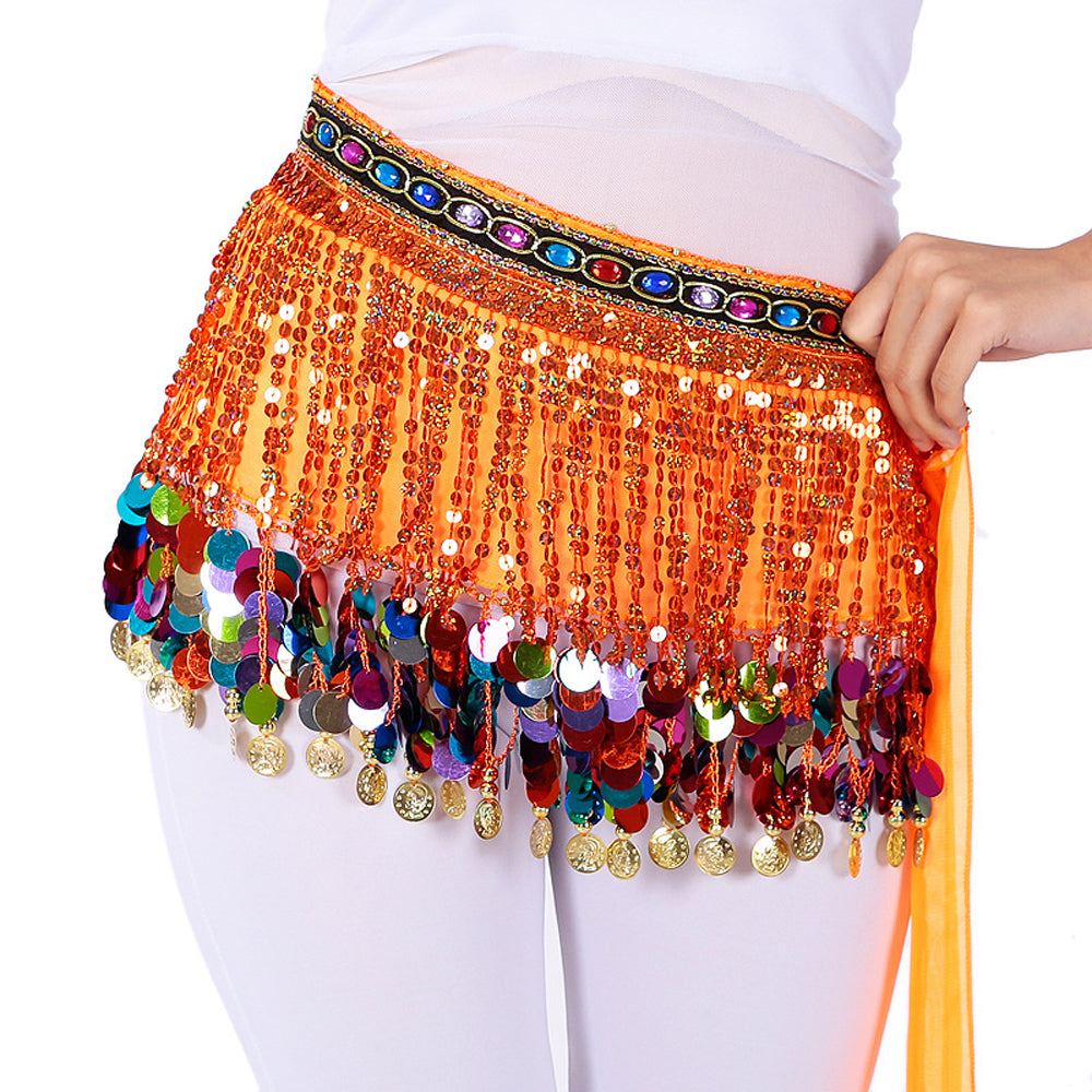 Nouveautés paillettes en mousseline de soie gland danse du ventre chaîne de taille avec strass colorés jupe hanche écharpe jupe latine