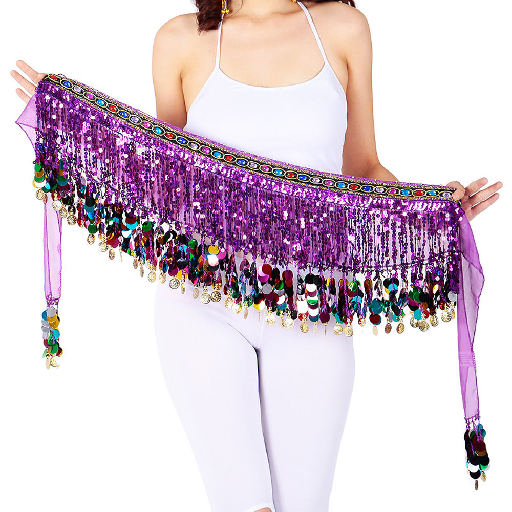 New Arrivals Sequined Chiffon Tassel Belly Dance Waist Chain with Colored Rhinestones Skirt Hip Scarf Latin Skirt