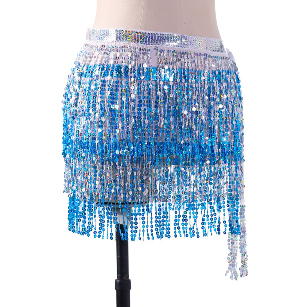 New Arrivals Sequined Fringed 4-Layers Drawstring Closure Belly Dance Waist Chain Skirt Hip Scarf Latin Skirt