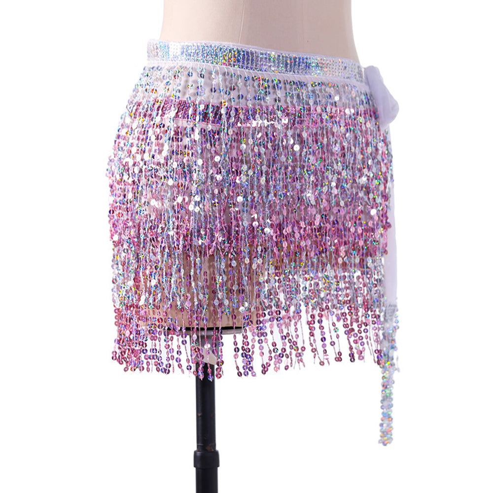 New Arrivals Sequined Fringed 4-Layers Drawstring Closure Belly Dance Waist Chain Skirt Hip Scarf Latin Skirt