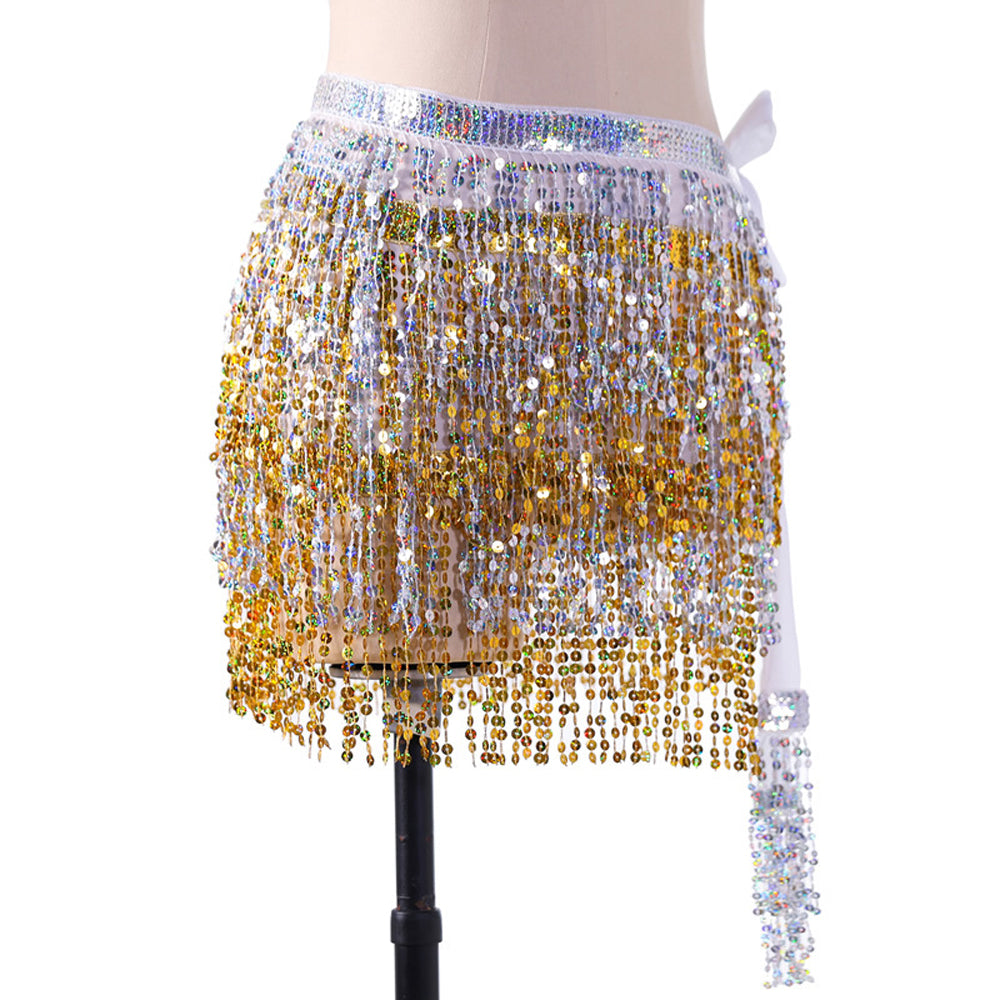 New Arrivals Sequined Fringed 4-Layers Drawstring Closure Belly Dance Waist Chain Skirt Hip Scarf Latin Skirt