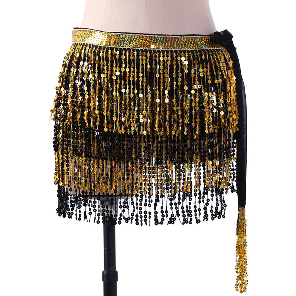 New Arrivals Sequined Fringed 4-Layers Drawstring Closure Belly Dance Waist Chain Skirt Hip Scarf Latin Skirt