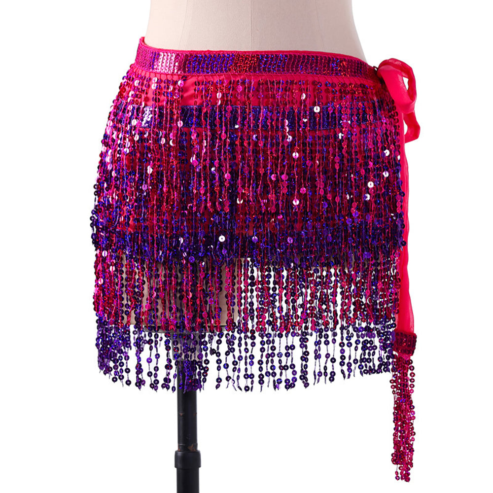 New Arrivals Sequined Fringed 4-Layers Drawstring Closure Belly Dance Waist Chain Skirt Hip Scarf Latin Skirt