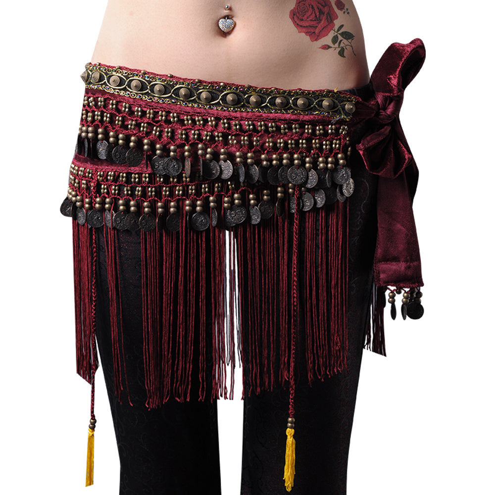 New Arrivals Women's Belly Dance Tribal Hip Scarf with Fringe Coins Flannel