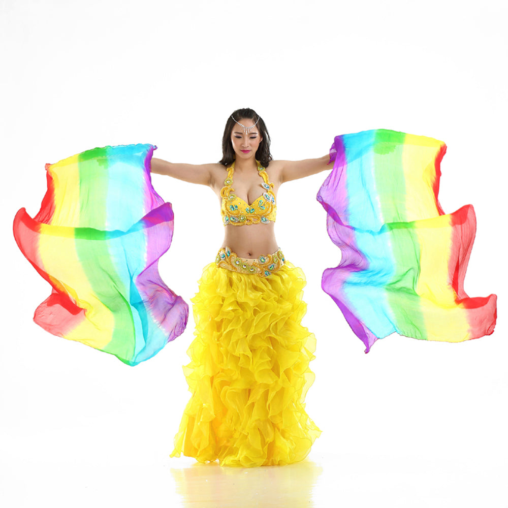 New Arrivals 180x90cm 100% Real Silk Chinese Belly Dance Fans Veils Hand Made Rainbow Fans