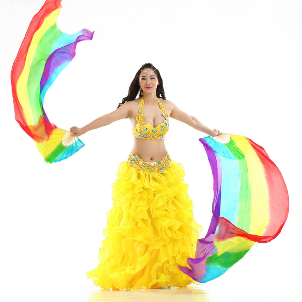 New Arrivals 180x90cm 100% Real Silk Chinese Belly Dance Fans Veils Hand Made Rainbow Fans