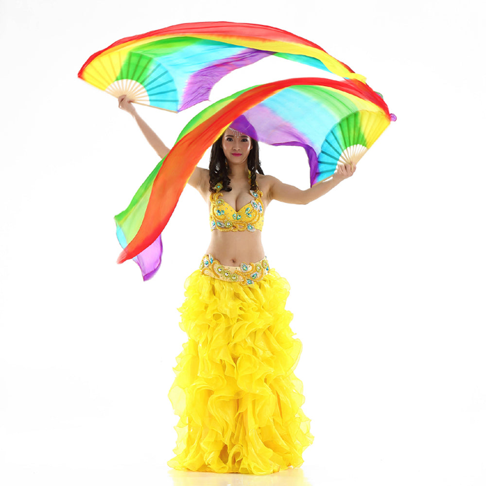 New Arrivals 180x90cm 100% Real Silk Chinese Belly Dance Fans Veils Hand Made Rainbow Fans