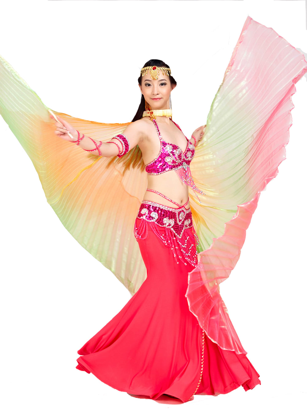 Nouveautés Costume de danse du ventre pour femme, ailes d'Isis, ailes de danse tricolores, ailes d'ange pour spectacle de carnaval d'Halloween avec bâtons