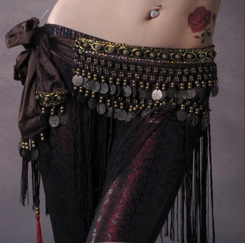 New Arrivals Women's Belly Dance Tribal Hip Scarf with Fringe Coins Flannel