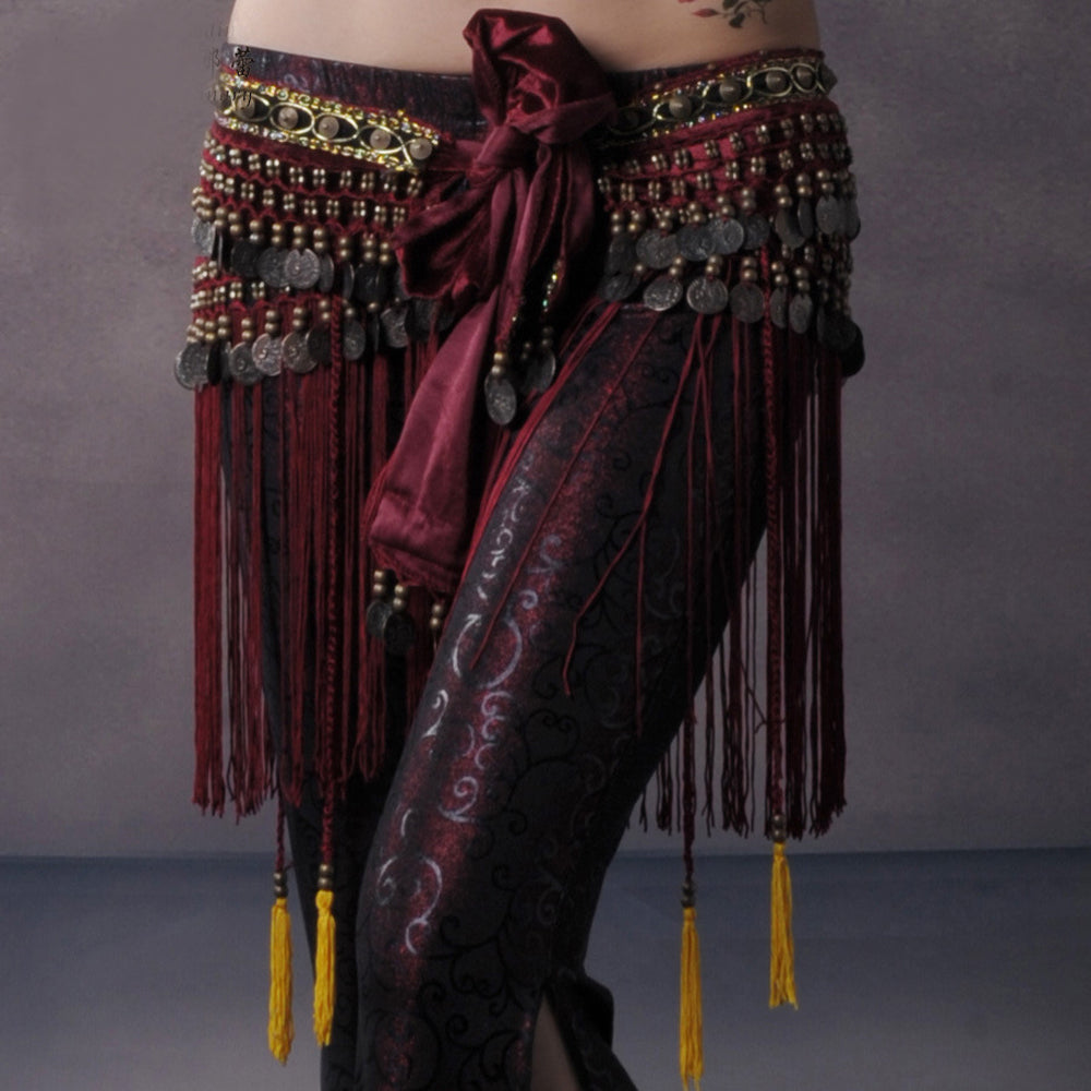 New Arrivals Women's Belly Dance Tribal Hip Scarf with Fringe Coins Flannel