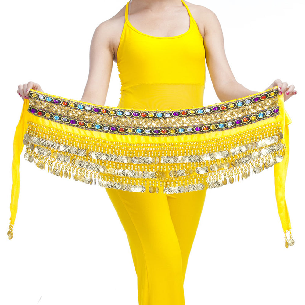 New Arrivals Belly Dance Wave Shape Hip Scarf with 248 Coins and Colorful Rhinestone, Belly Dance Waist Belts