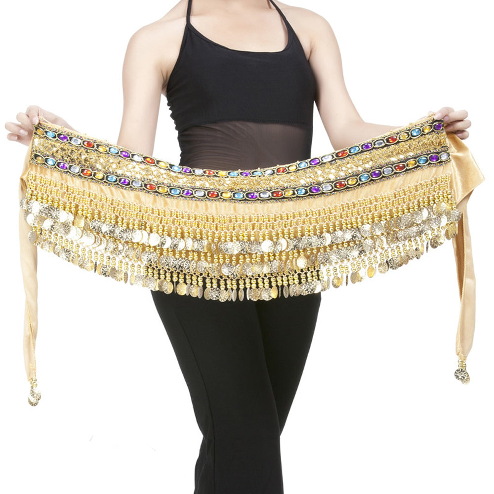 New Arrivals Belly Dance Wave Shape Hip Scarf with 248 Coins and Colorful Rhinestone, Belly Dance Waist Belts