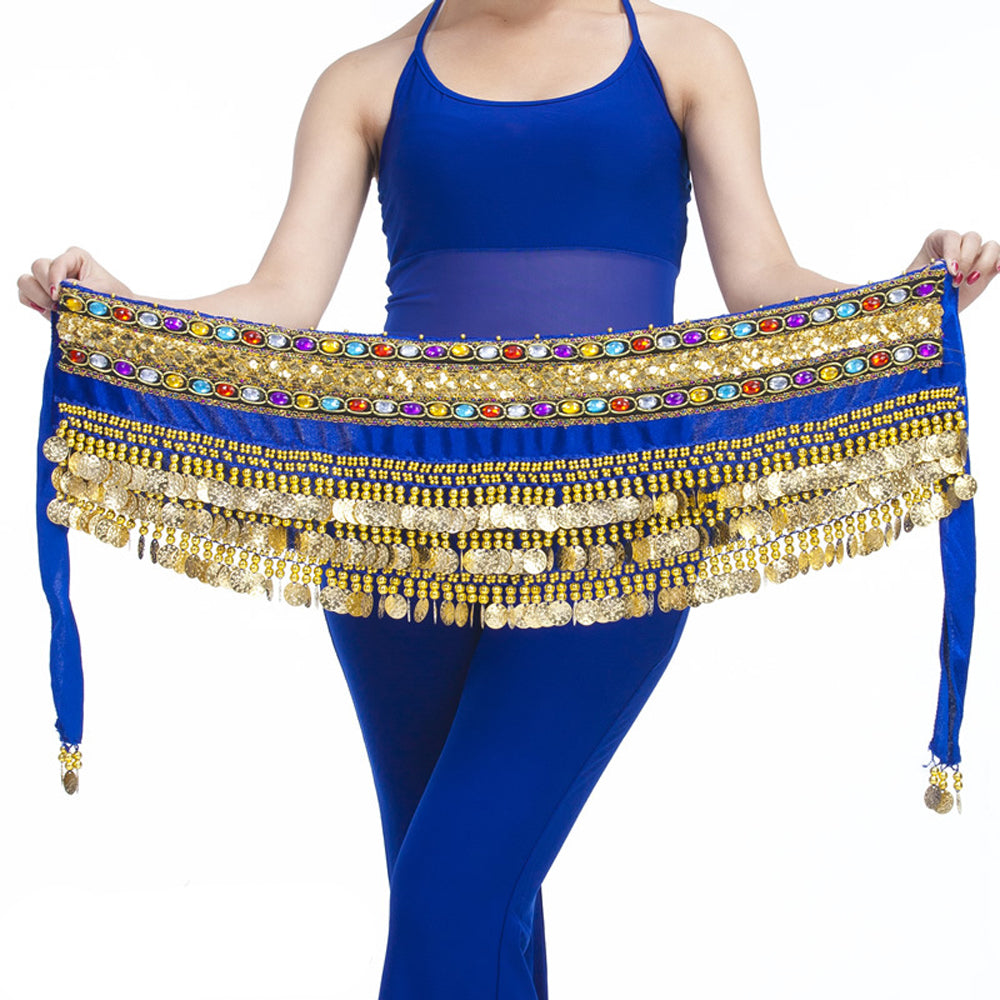 New Arrivals Belly Dance Wave Shape Hip Scarf with 248 Coins and Colorful Rhinestone, Belly Dance Waist Belts