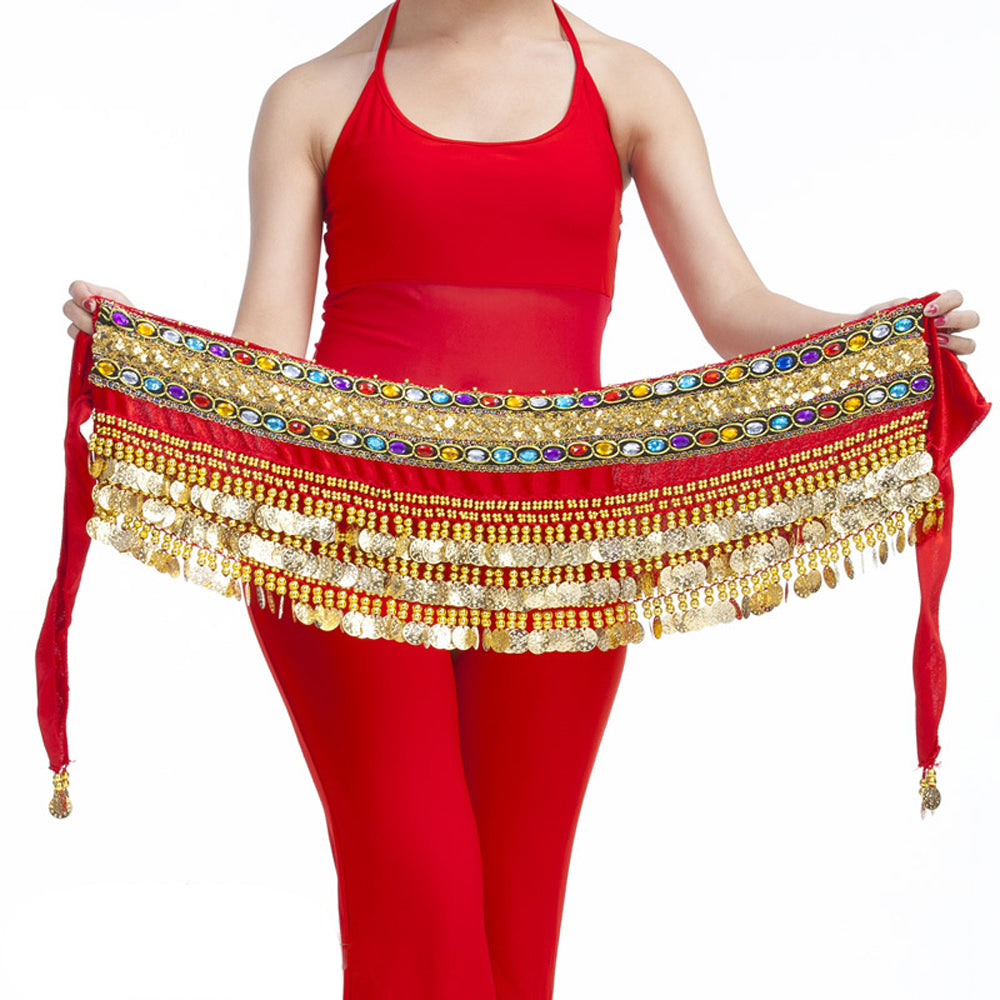 New Arrivals Belly Dance Wave Shape Hip Scarf with 248 Coins and Colorful Rhinestone, Belly Dance Waist Belts