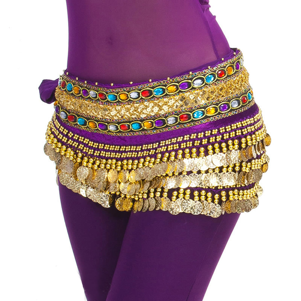 New Arrivals Belly Dance Wave Shape Hip Scarf with 248 Coins and Colorful Rhinestone, Belly Dance Waist Belts