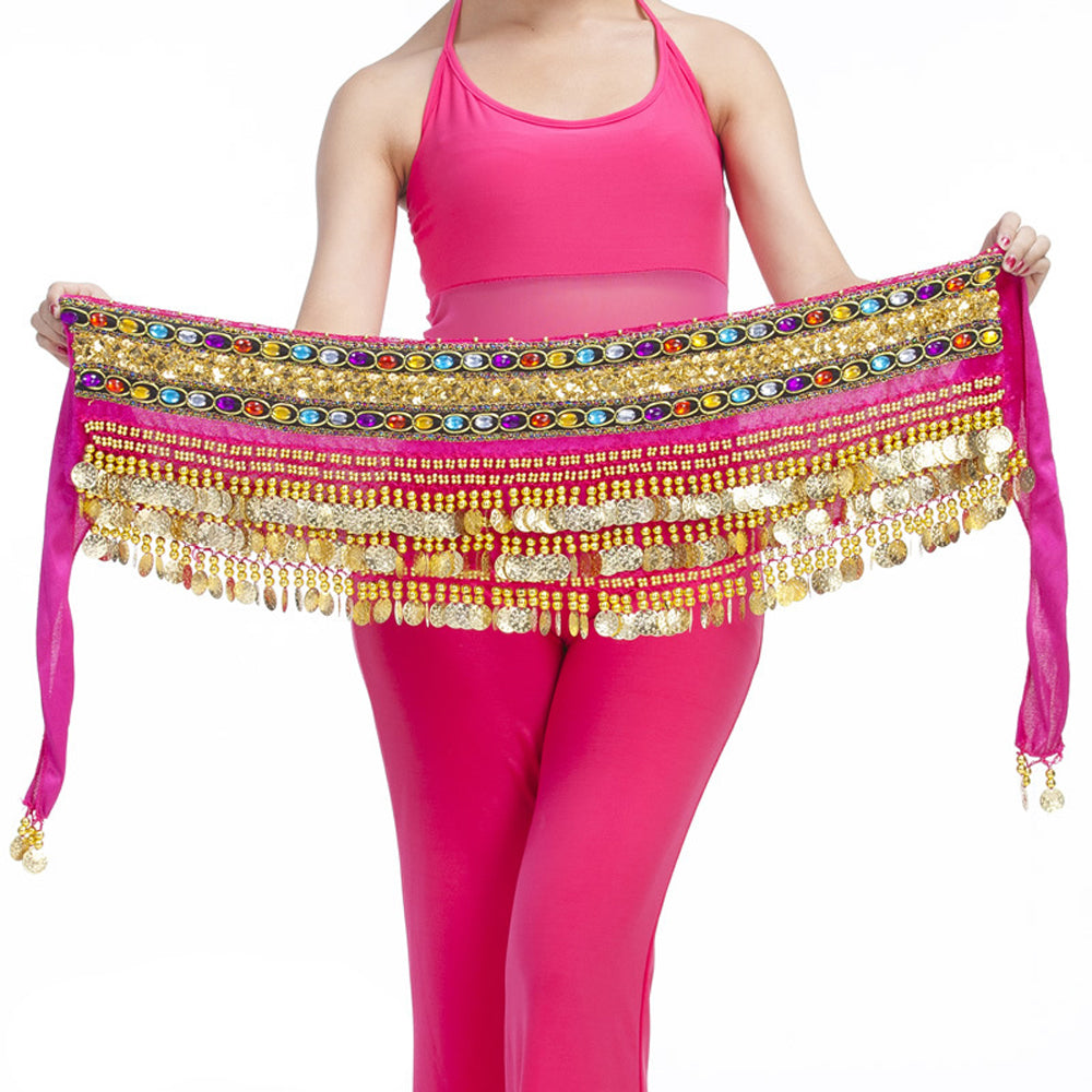 New Arrivals Belly Dance Wave Shape Hip Scarf with 248 Coins and Colorful Rhinestone, Belly Dance Waist Belts