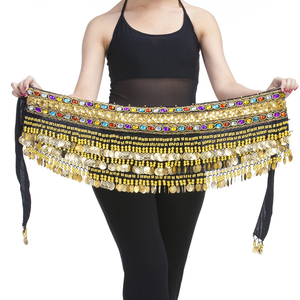 New Arrivals Belly Dance Wave Shape Hip Scarf with 248 Coins and Colorful Rhinestone, Belly Dance Waist Belts