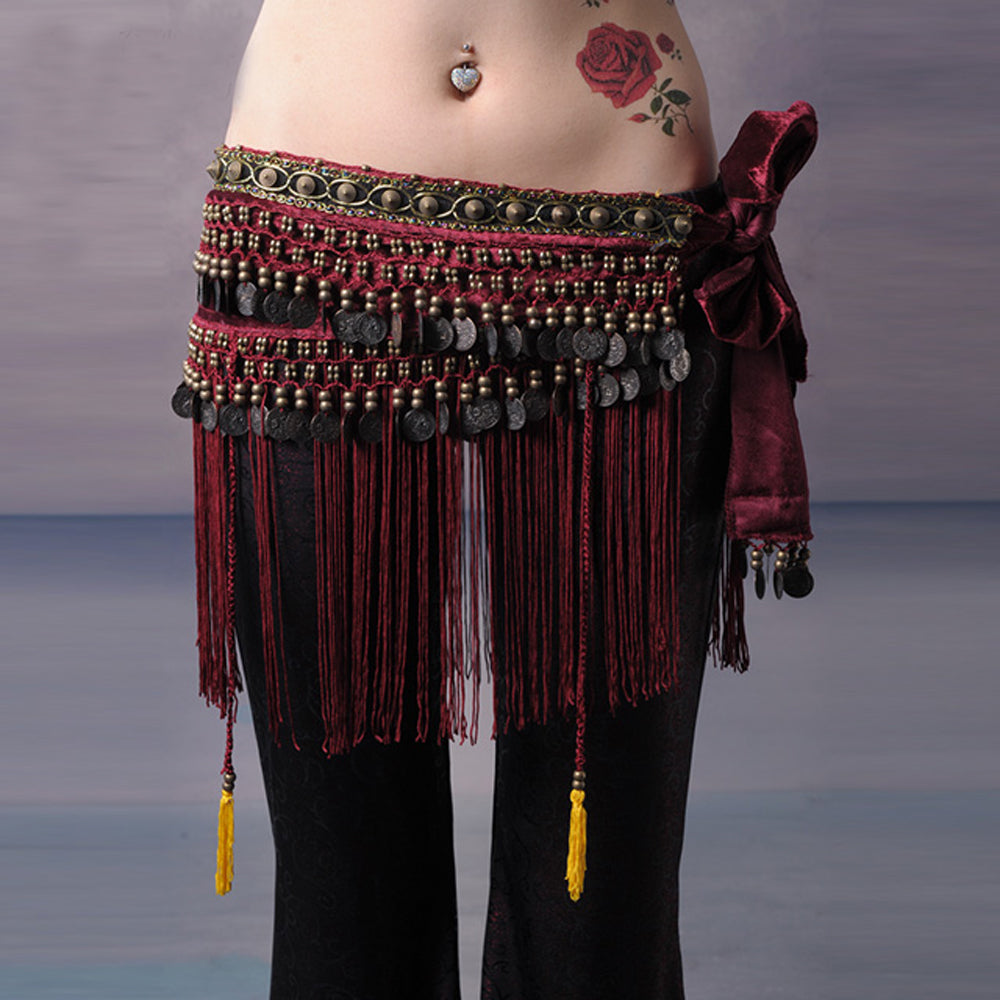 New Arrivals Women's Belly Dance Tribal Hip Scarf with Fringe Coins Flannel