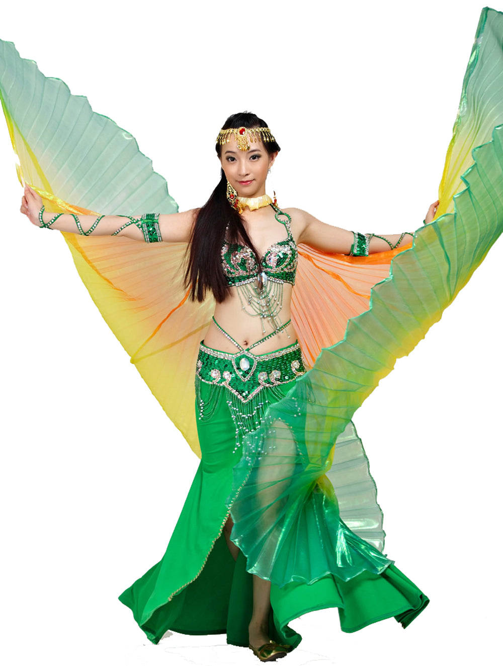 Nouveautés Costume de danse du ventre pour femme, ailes d'Isis, ailes de danse tricolores, ailes d'ange pour spectacle de carnaval d'Halloween avec bâtons