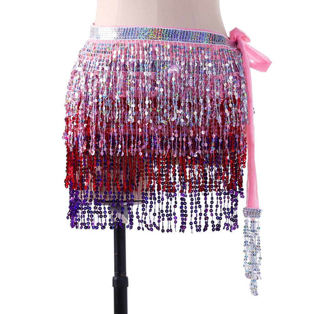 New Arrivals Sequined Fringed 4-Layers Drawstring Closure Belly Dance Waist Chain Skirt Hip Scarf Latin Skirt