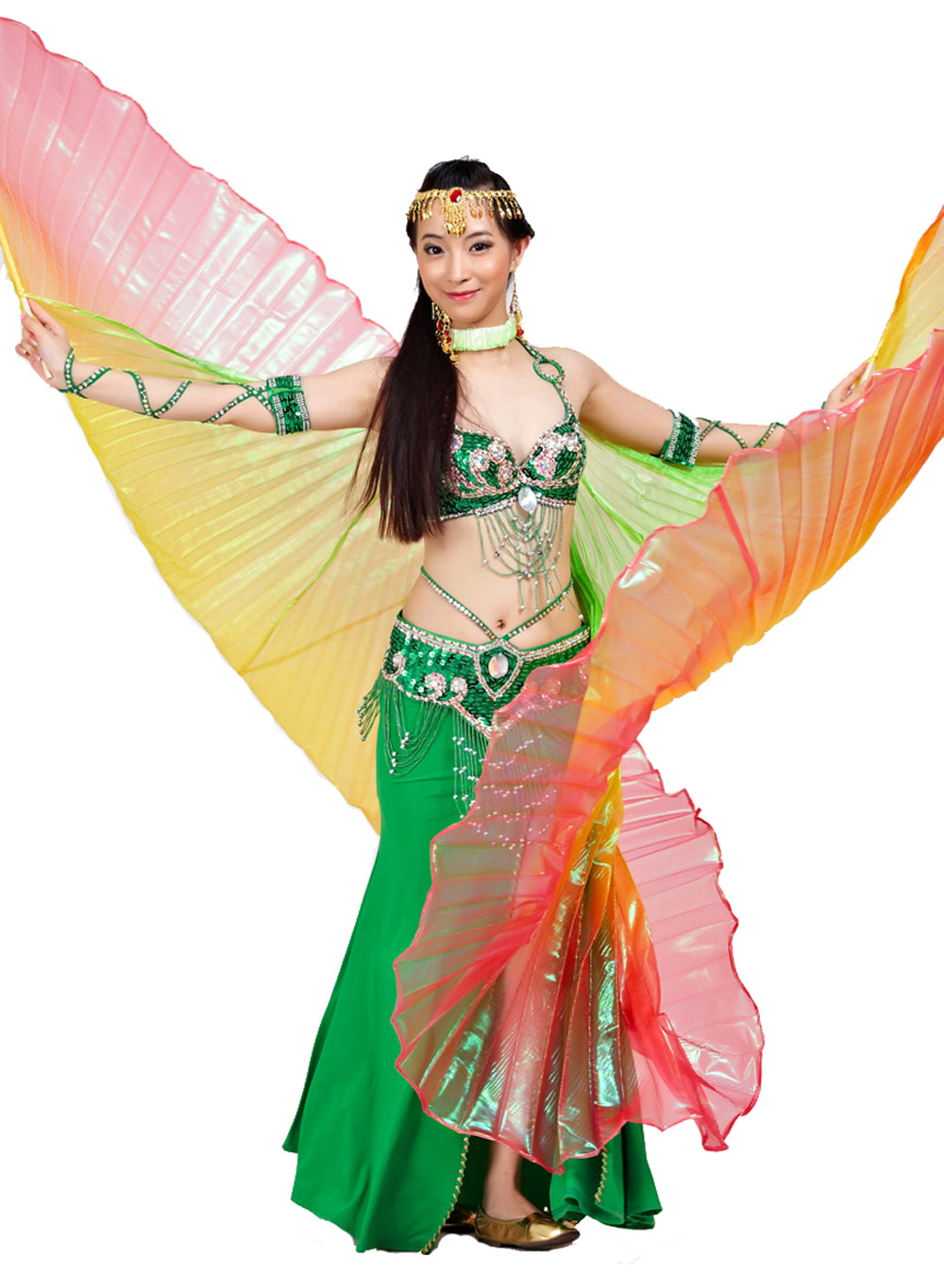 Nouveautés Costume de danse du ventre pour femme, ailes d'Isis, ailes de danse tricolores, ailes d'ange pour spectacle de carnaval d'Halloween avec bâtons