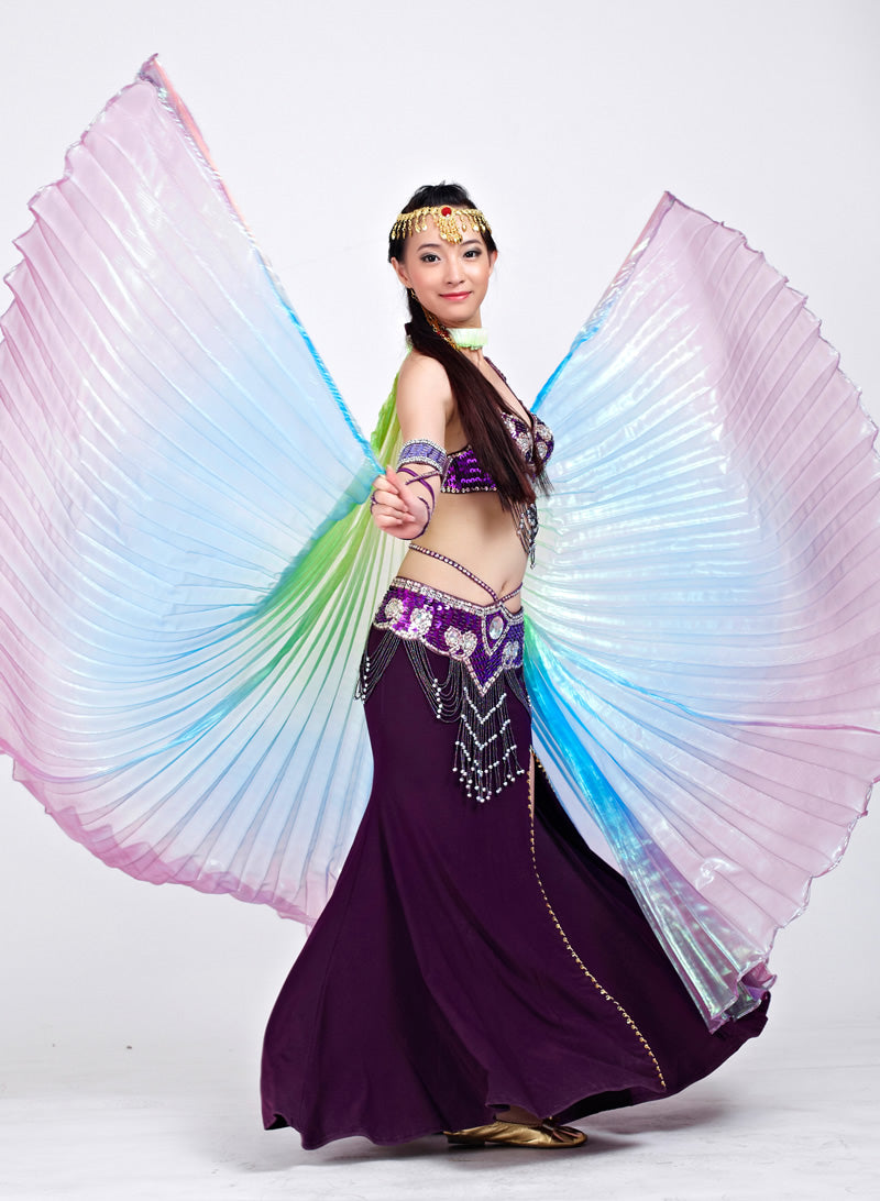 Nouveautés Costume de danse du ventre pour femme, ailes d'Isis, ailes de danse tricolores, ailes d'ange pour spectacle de carnaval d'Halloween avec bâtons