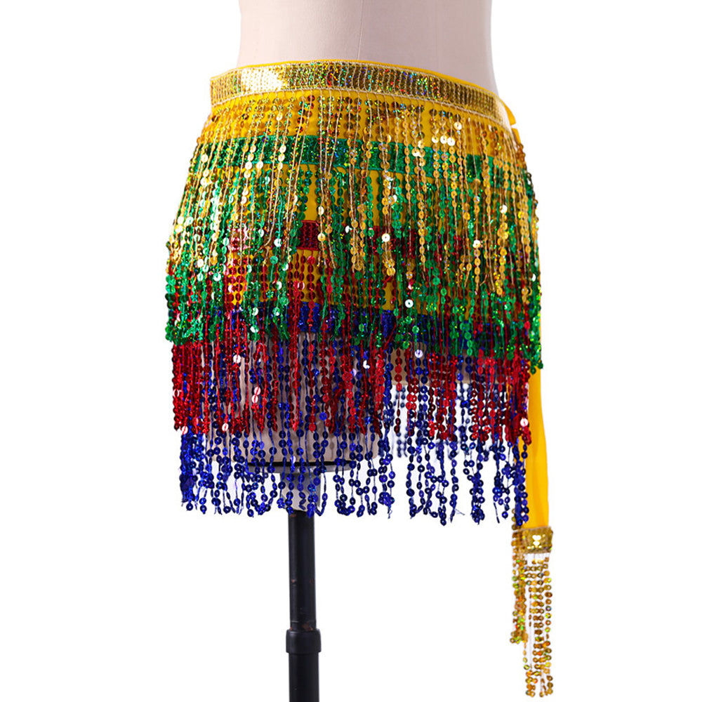 New Arrivals Sequined Fringed 4-Layers Drawstring Closure Belly Dance Waist Chain Skirt Hip Scarf Latin Skirt