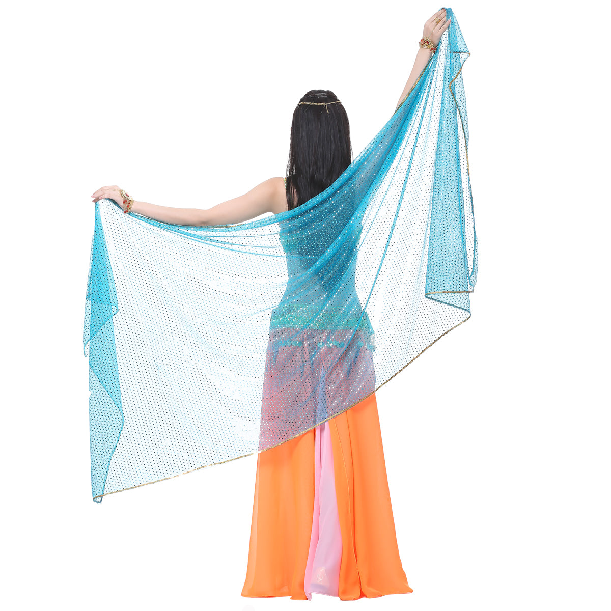 Shinning Spot Chiffon Hand Scarf, Stage Dancewear Scarf, Light Weight Belly Dance Shawls, Belly Dance Veils with Trim Gold