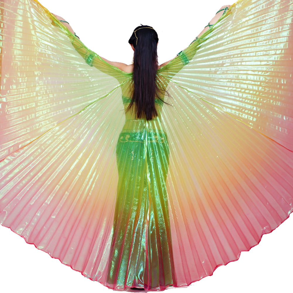 Nouveautés Costume de danse du ventre pour femme, ailes d'Isis, ailes de danse tricolores, ailes d'ange pour spectacle de carnaval d'Halloween avec bâtons