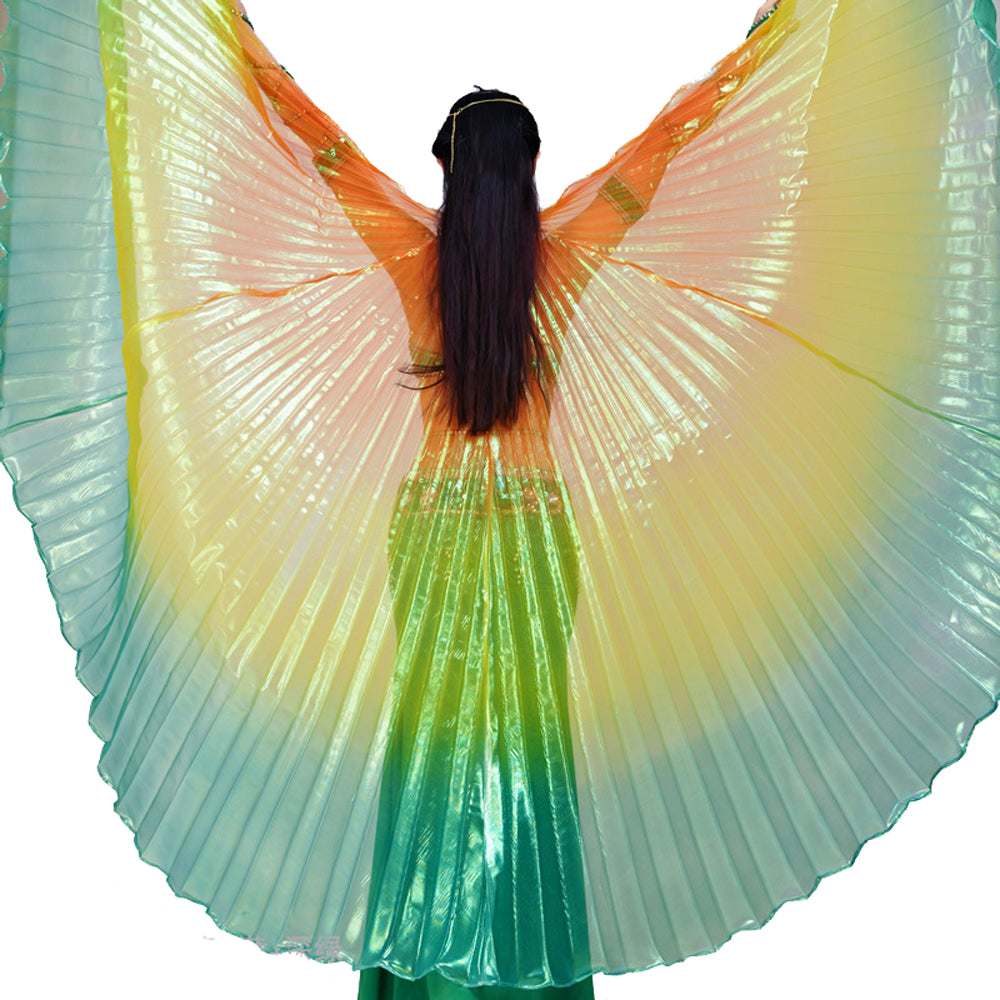 Nouveautés Costume de danse du ventre pour femme, ailes d'Isis, ailes de danse tricolores, ailes d'ange pour spectacle de carnaval d'Halloween avec bâtons