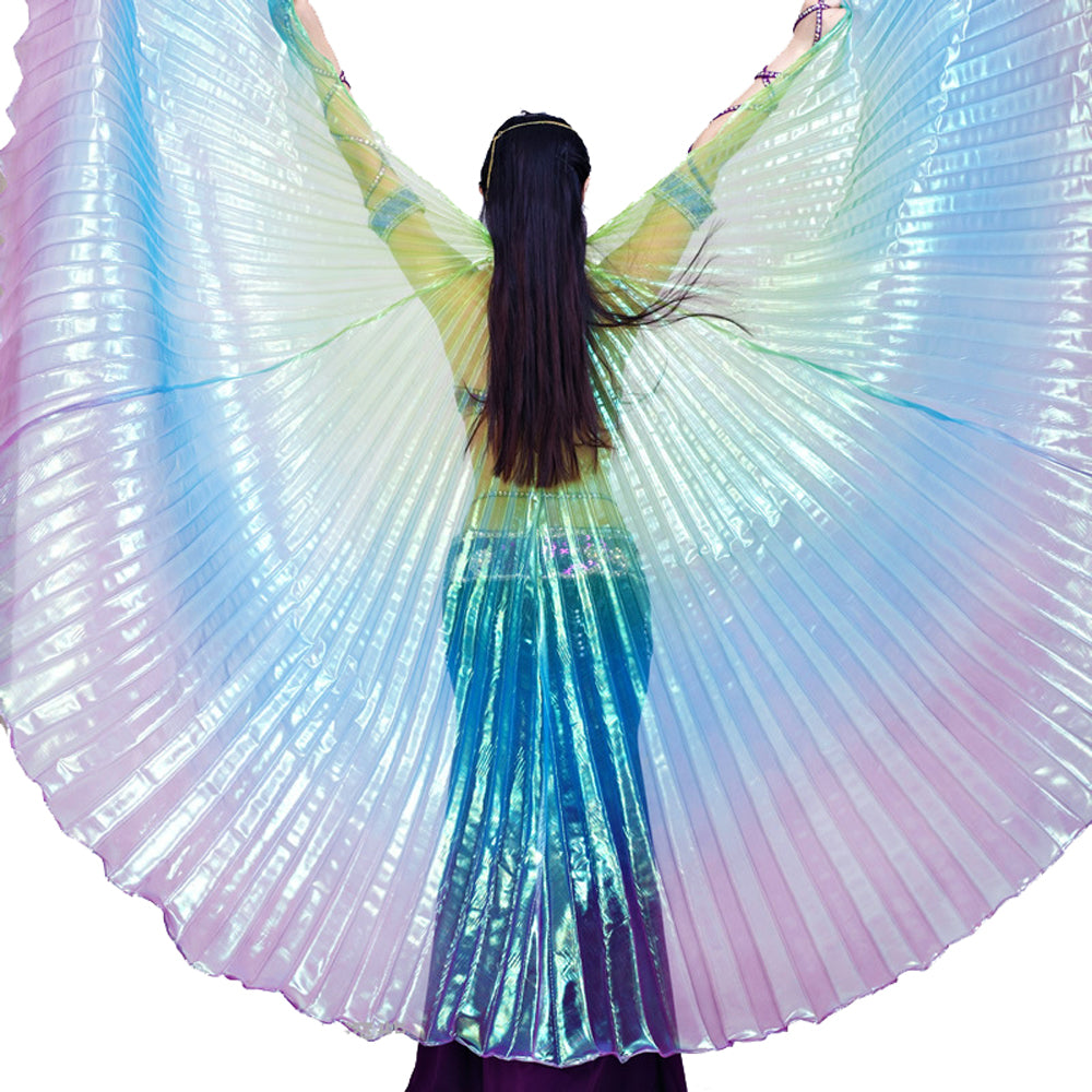 Nouveautés Costume de danse du ventre pour femme, ailes d'Isis, ailes de danse tricolores, ailes d'ange pour spectacle de carnaval d'Halloween avec bâtons